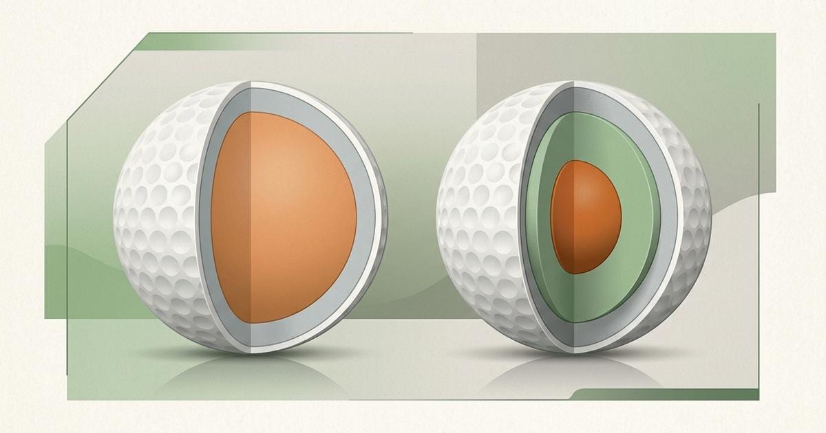 Editorial illustration of golf balls showing construction layers against a minimal golf green background