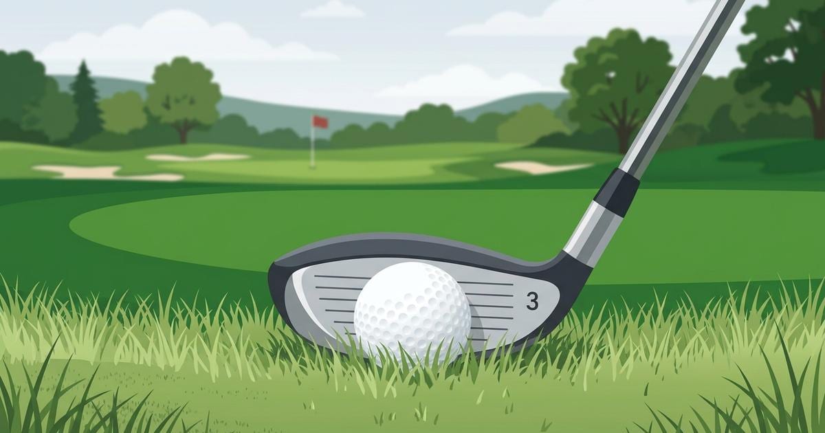 Illustration of a plain, unbranded hybrid club head marked 3 with a golf ball at its face in light rough, a green and flag in the background.