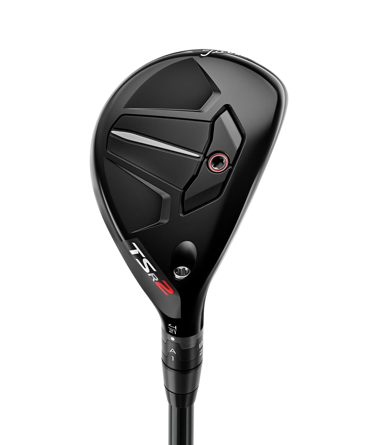 Sole of a Titleist TSR2 hybrid with the TSR2 badge and adjustable hosel sleeve.
