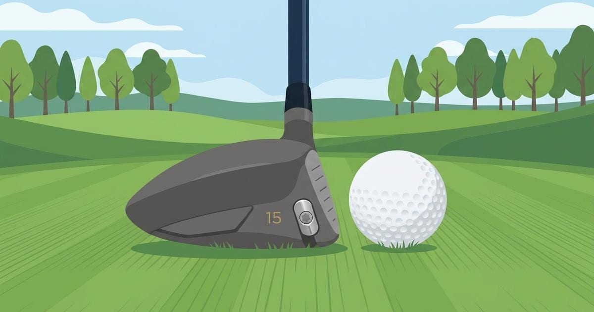 Illustration of a plain, unbranded fairway wood head marked 15 resting behind a golf ball on fairway grass, with trees in the background.