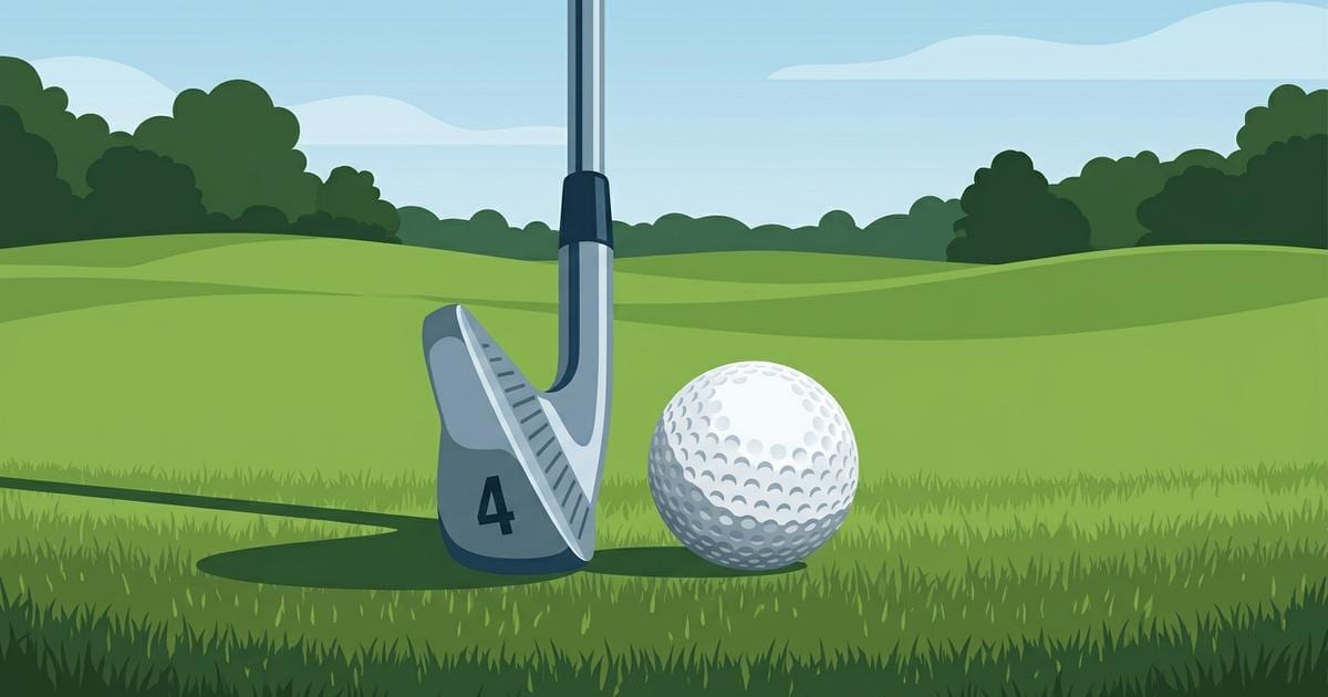 Illustration of a plain, unbranded golf iron marked 4 standing beside a golf ball on fairway grass, with trees in the background.