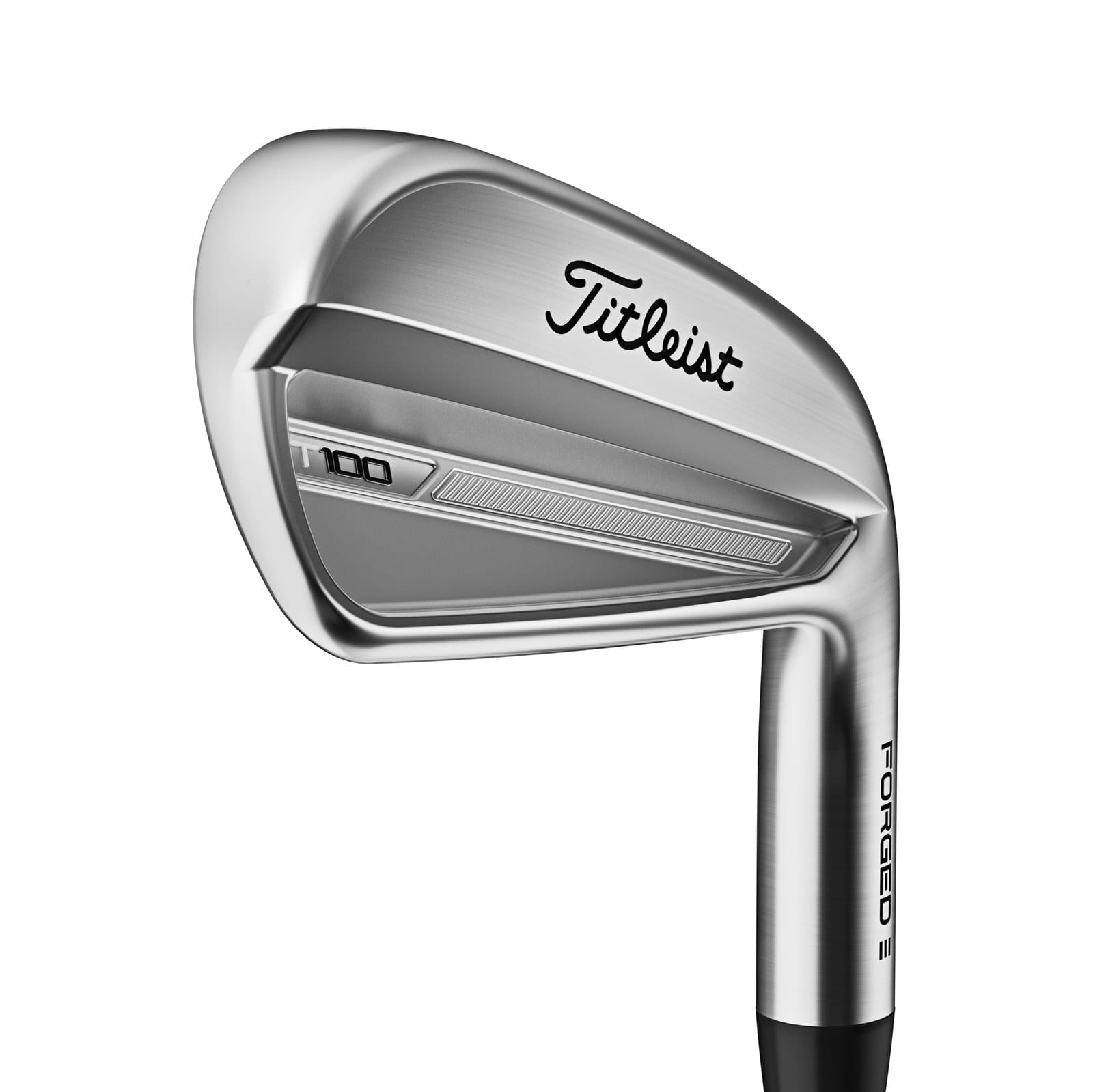 Back of a 2023 Titleist T100 iron head with the T100 badge in the cavity.