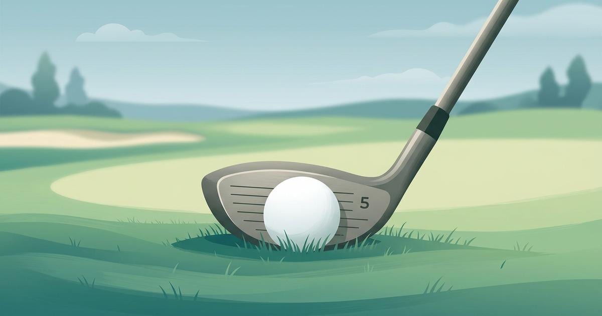 Illustration of a plain, unbranded fairway wood head marked 5 with a golf ball at its face on fairway grass, a bunker and trees behind.