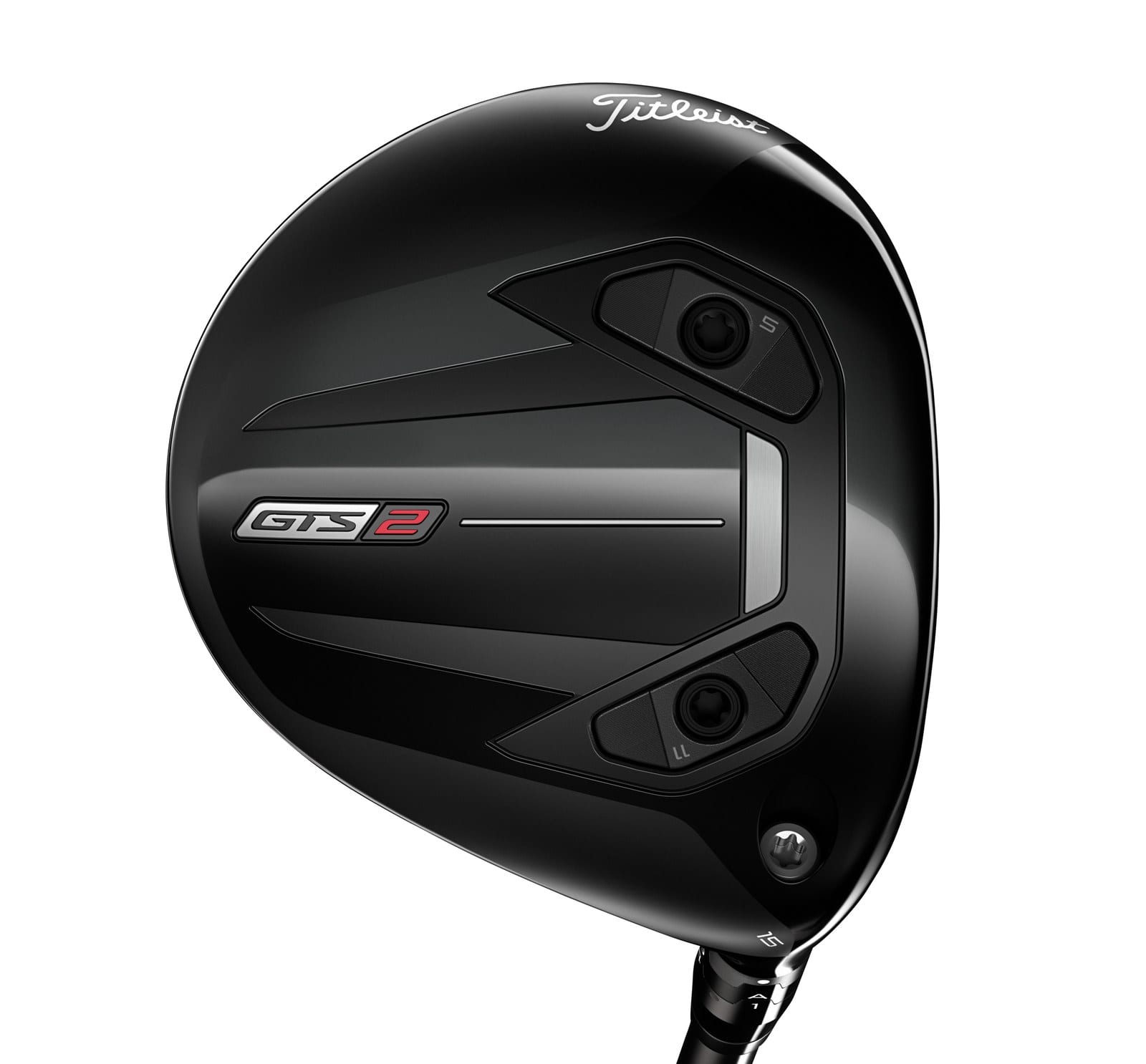 Sole of a Titleist GTS2 fairway wood showing its two adjustable weight ports and the GTS2 badge.