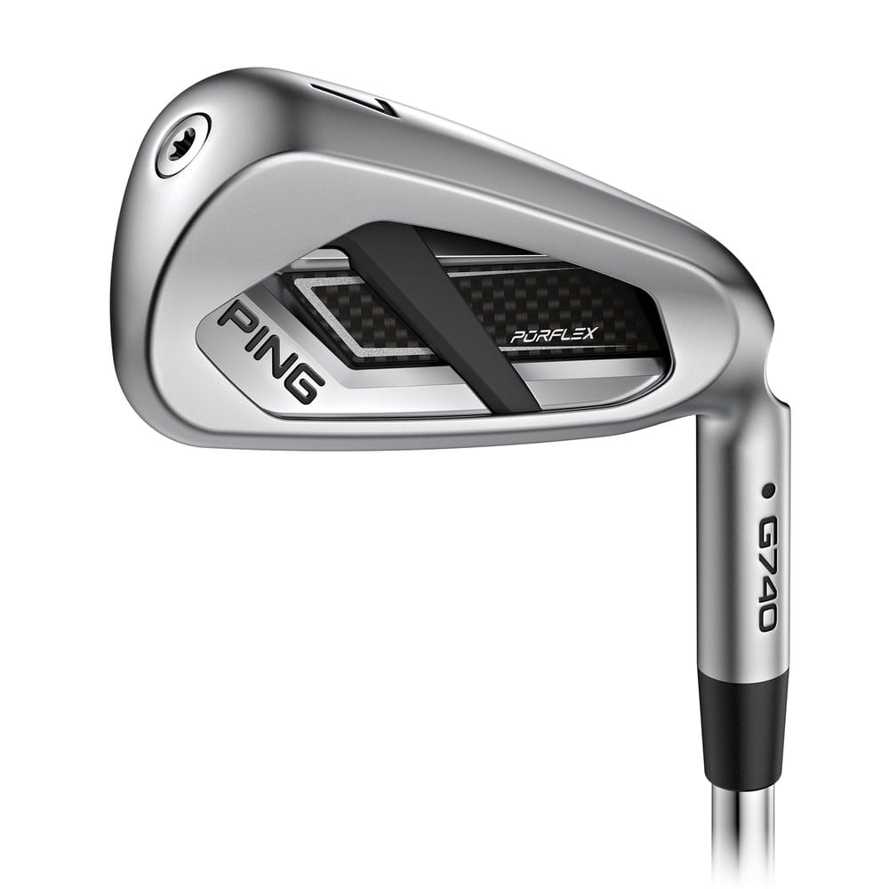 The back cavity of a PING G740 7-iron, with PING on the badge, PURFLEX on the insert, and G740 on the hosel.