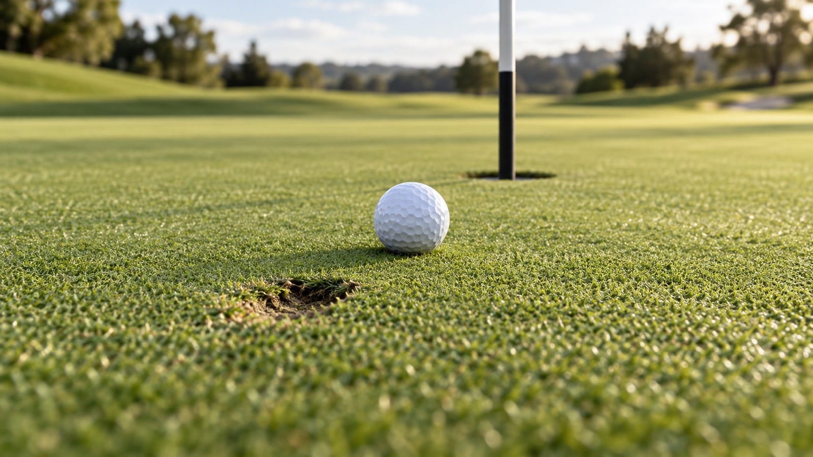 AI illustration of a golf ball stopped beside the flagstick on the green, with its pitch mark just behind it.