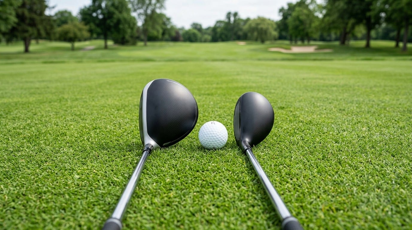 AI-generated illustration of a larger fairway wood head next to a compact 4-hybrid head behind a golf ball at address
