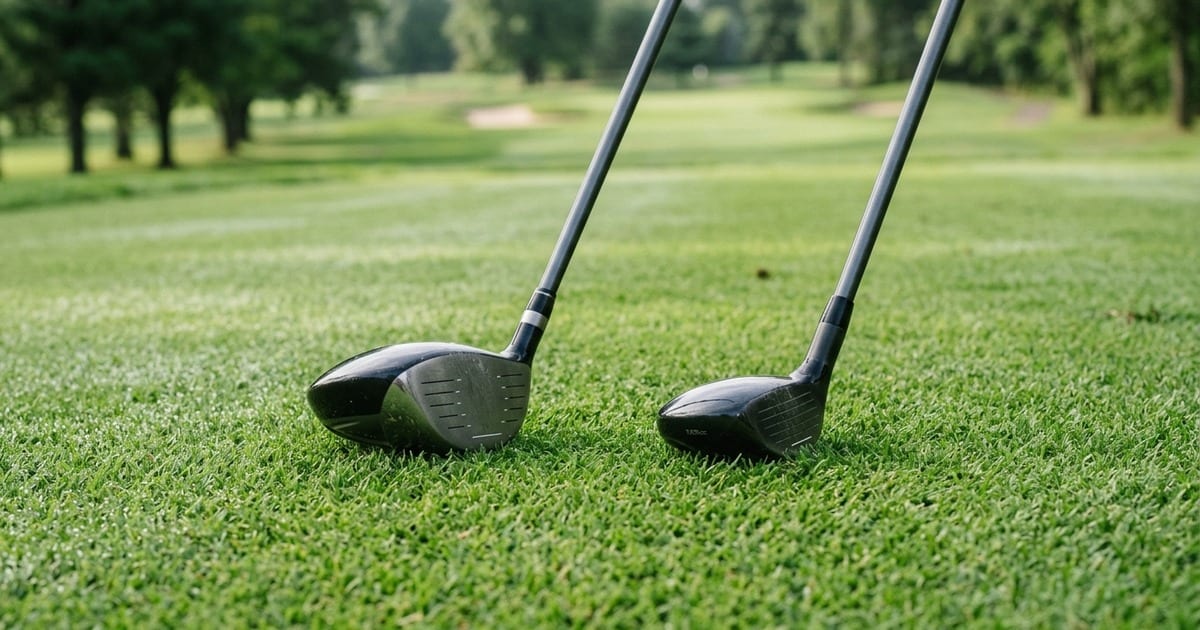 AI-generated image of a 7-wood and a 4-hybrid resting side by side on fairway grass, showing the difference in head size and face shape