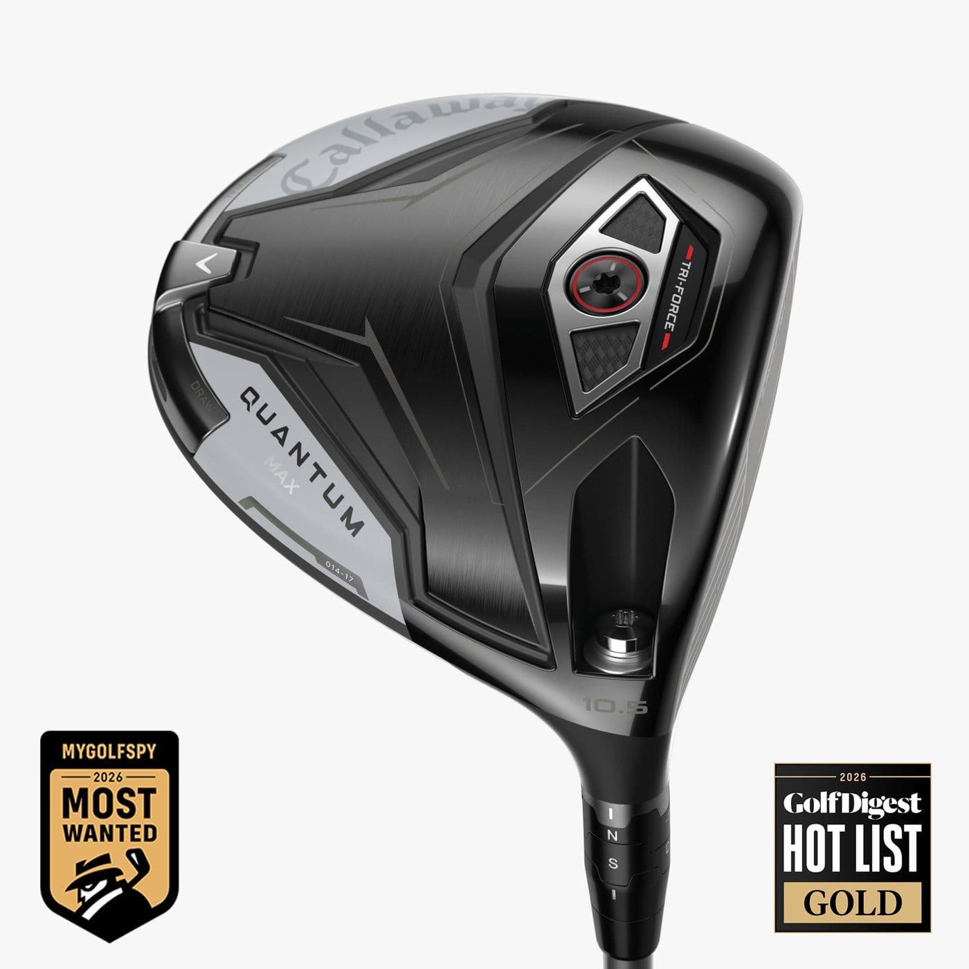The Callaway Quantum Max driver head, angled crown view, showing the Quantum Max wordmark and Tri-Force Face adjustable weight ports.