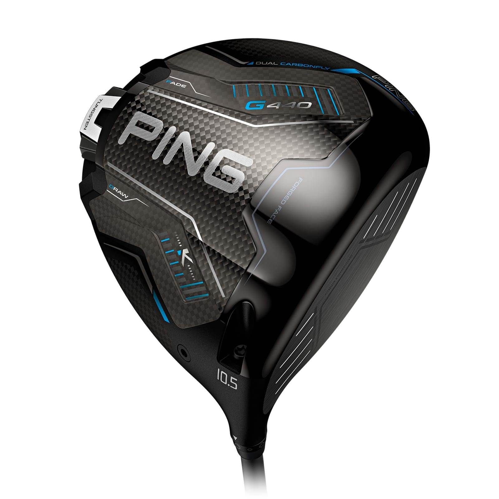 The PING G440 K driver crown, showing the G440 wordmark, carbon-fiber crown panel, and the draw/fade adjustable-weight track near the heel.
