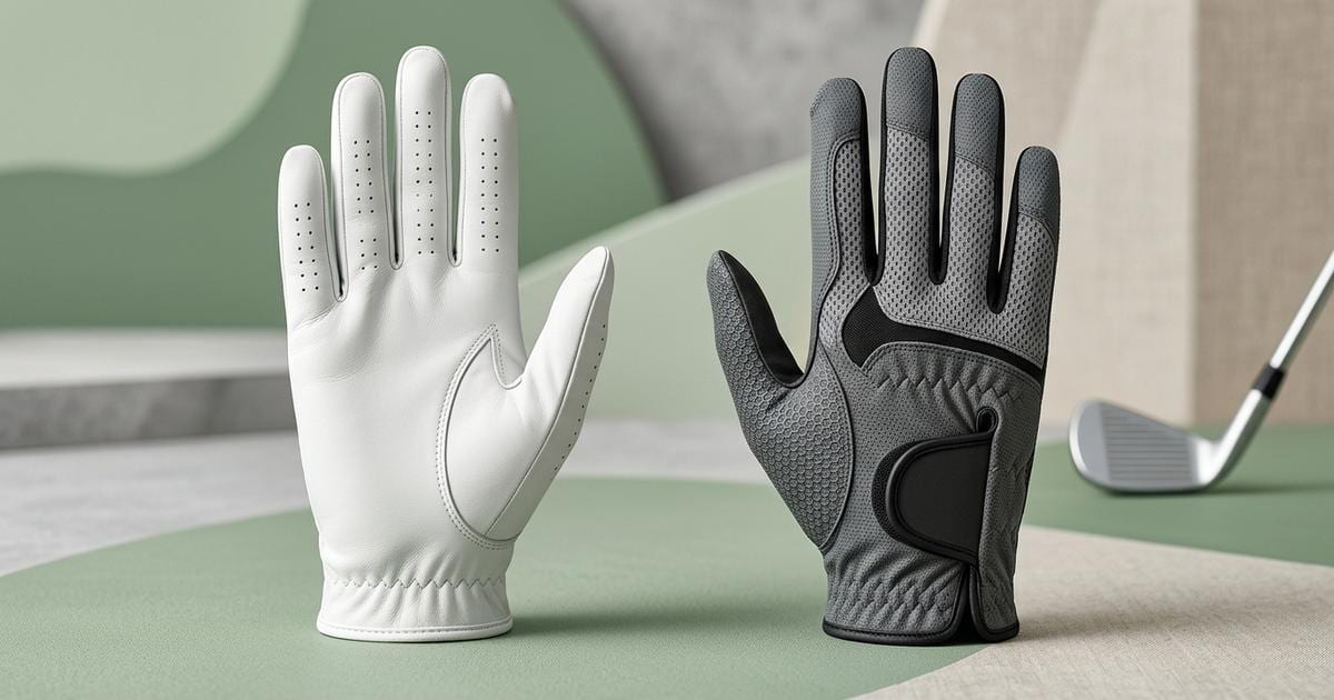 Illustration of two unbranded golf gloves standing side by side, a smooth white perforated leather glove and a grey textured mesh synthetic glove, with an iron in the background.