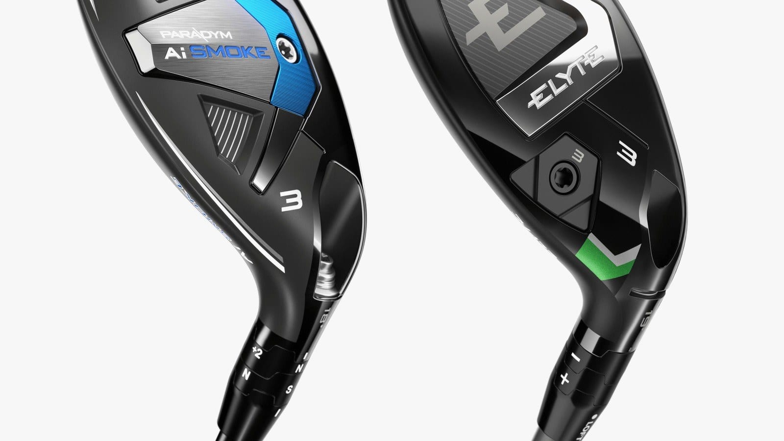 Two official Callaway 3-hybrid renders side by side, a Paradym Ai Smoke on the left with the older hosel marks +2, N and S, and an Elyte on the right with plus and minus marks.