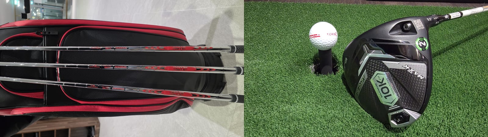 Two photos side by side: a set of irons standing shaft-up in a red and black golf bag, and a driver head stamped 9.0 degrees resting on practice turf beside a teed ball.