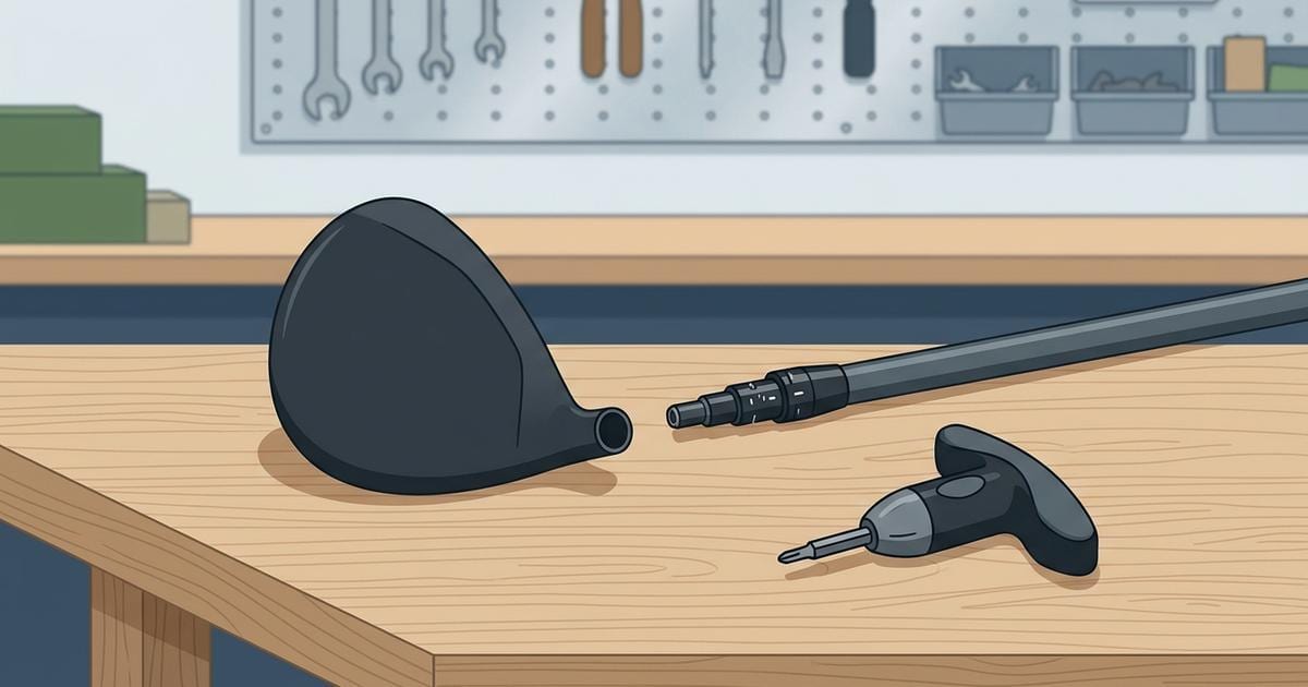 Illustration of a plain, unbranded driver head lying on a wooden workbench next to its detached shaft with the adapter sleeve on the tip, and a T-handle wrench beside them.