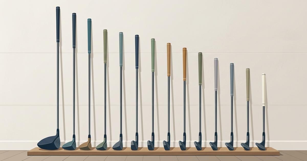 Illustration of unbranded golf clubs, from a driver down to a wedge, standing side by side in descending height against a plain background.