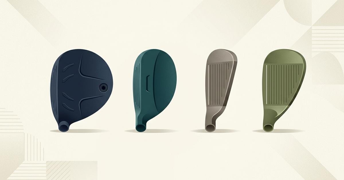 Illustration of four plain, unbranded golf club heads side by side: a fairway wood, a hybrid, an iron and a wedge, with no numbers on any of them.
