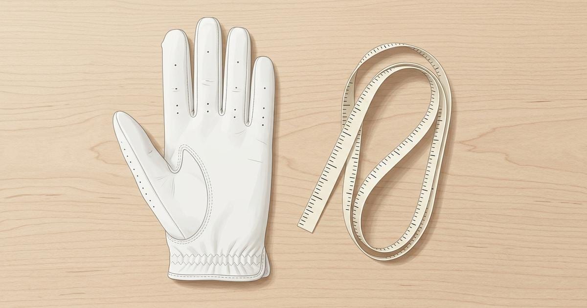 Illustration of a plain white golf glove lying flat on a wooden surface next to a looped cloth tape measure.