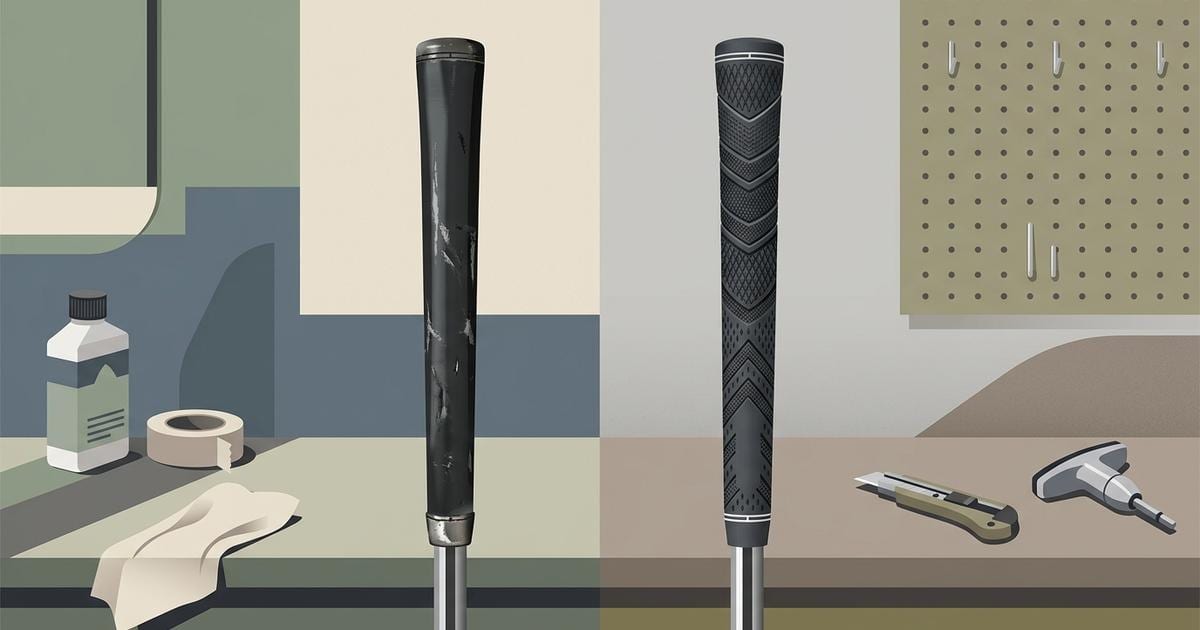 Flat illustration of two unbranded golf grips side by side, one worn and shiny black and one fresh with a visible texture, with no logos or text.
