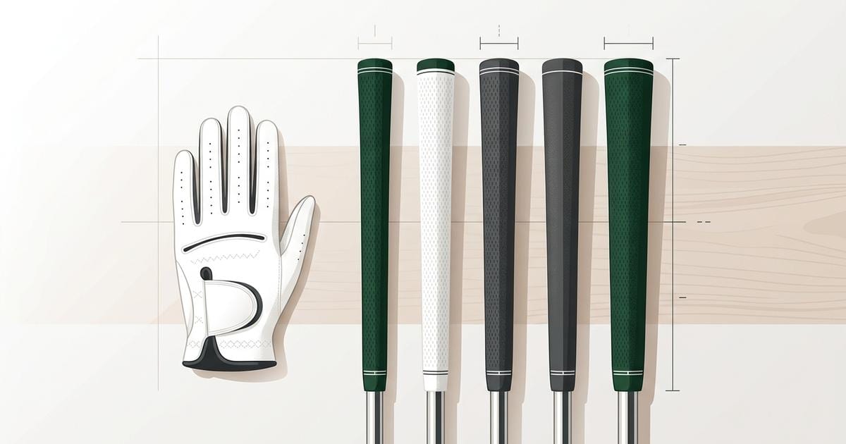 Golf clubs and grips aligned on a workbench showing standard and midsize grip diameters