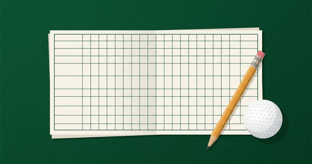Illustration of a blank, unbranded golf scorecard with an empty grid, a pencil and a golf ball resting on green felt.