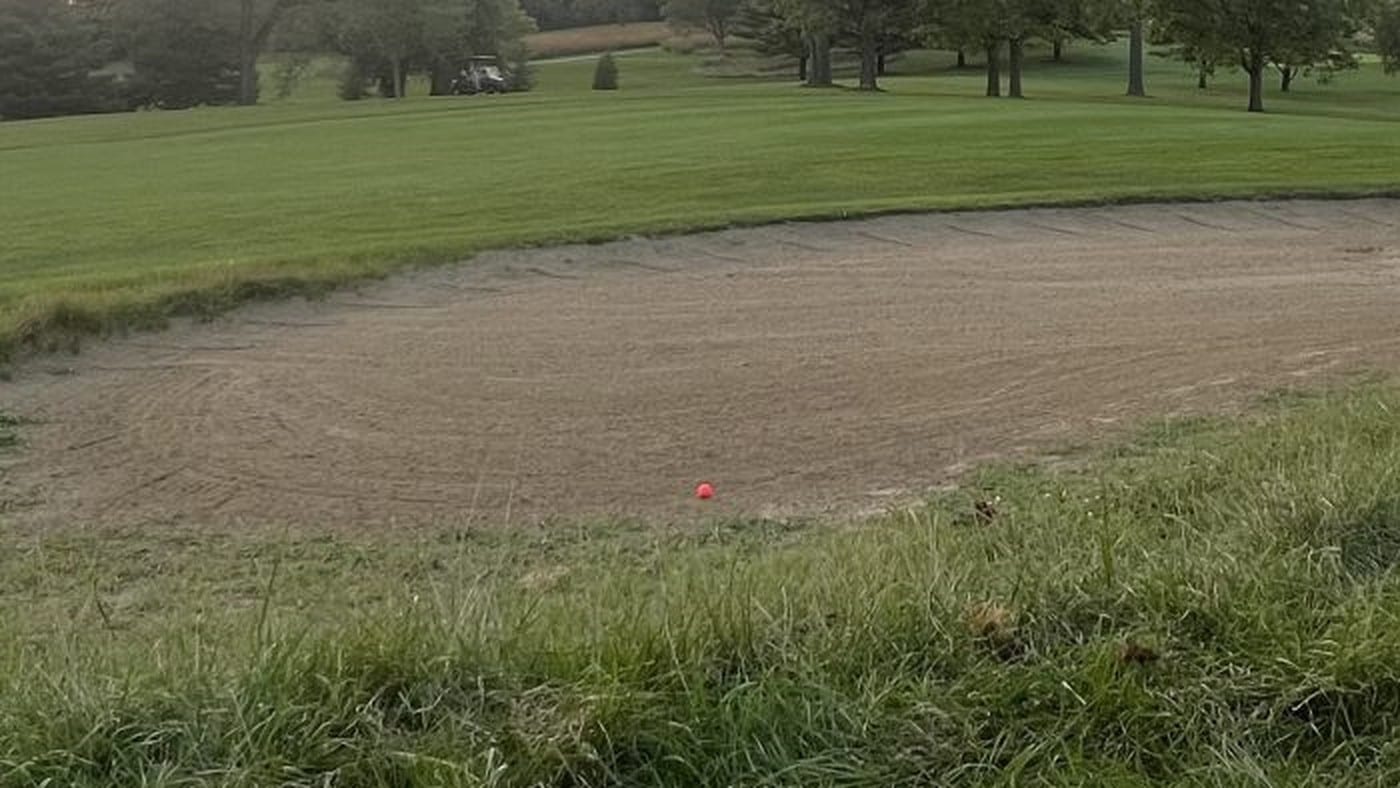 A wide band of raked bunker sand runs across the middle of the frame, with an orange golf ball resting on its near edge. Mown fairway, a treeline and a golf cart sit beyond it, and rough grass fills the bottom of the frame.