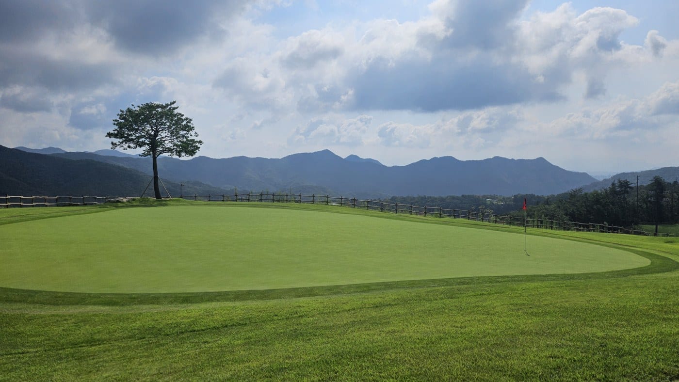 A golf green photographed from below, with a red flagstick standing in the hole, a wooden fence along the far edge and mountains behind.