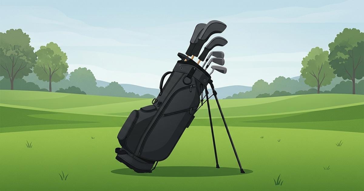 Illustration of an unbranded black stand bag on fairway grass, with headcovers and iron heads sticking out of the top.