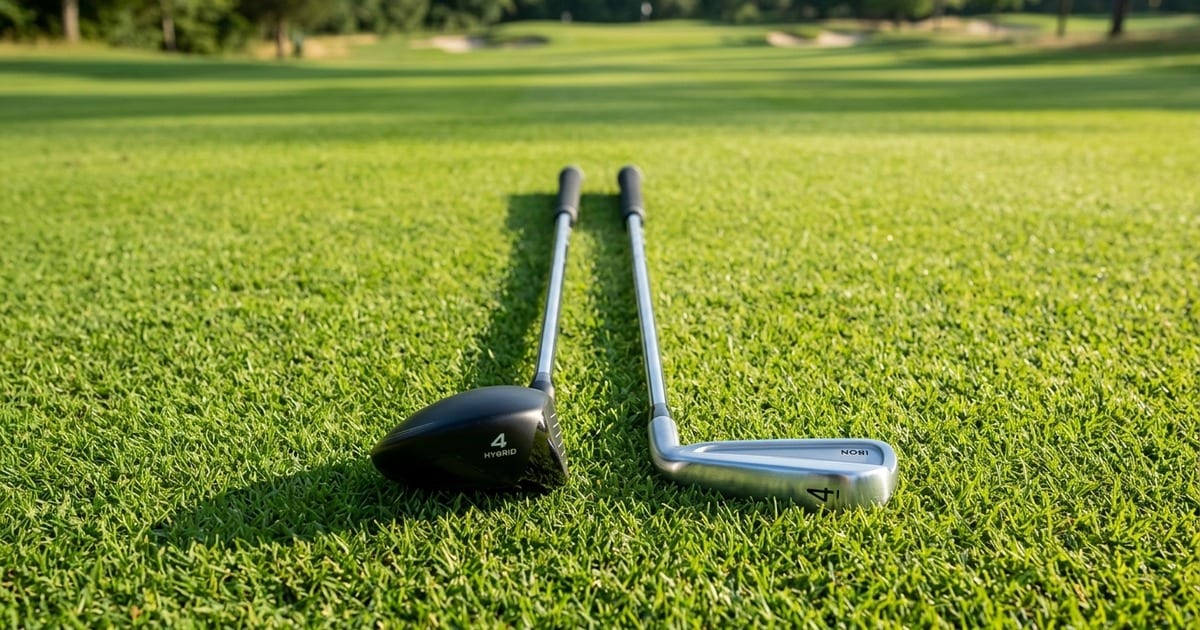 Editorial illustration comparing long irons and utility hybrids on a golf course fairway