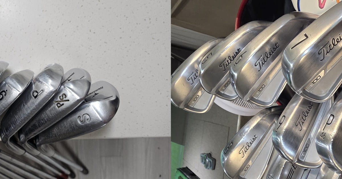 Two iron sets side by side: a used Tourstage V300 III with the P slash S and S wedges facing the camera, and a Titleist T100 set standing in a bag with 7, 8, 9, P and 46 visible.