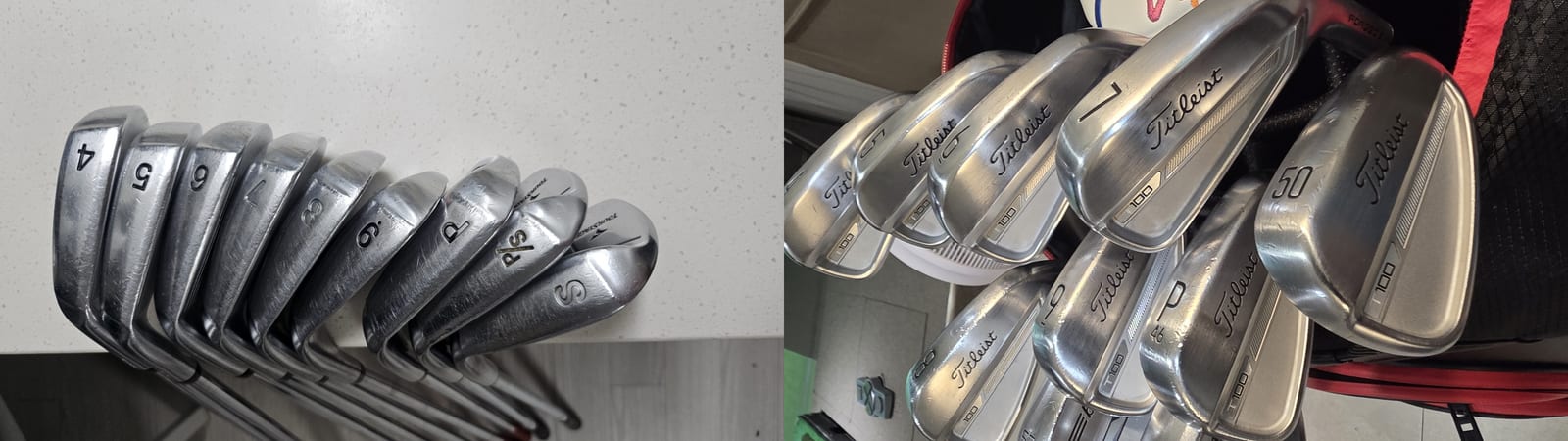 Two photos side by side: a Tourstage iron set laid out from 4-iron through sand wedge on a light floor, and a Titleist T100 set standing in a bag with a 50 degree wedge in front.