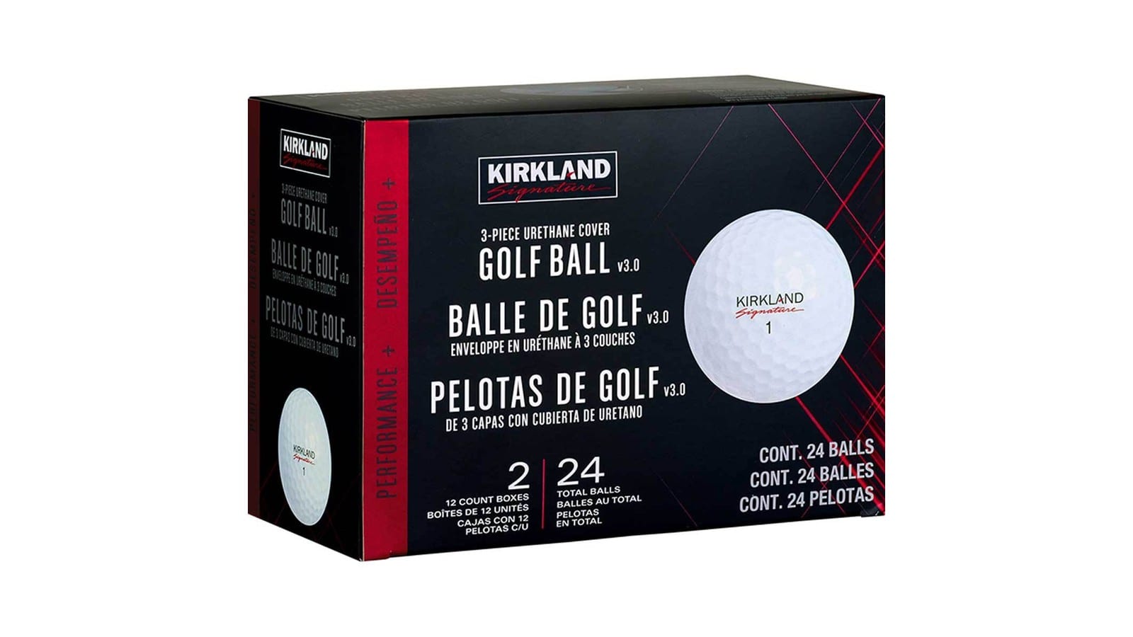 Costco Korea's product image of a Kirkland Signature golf ball box, printed with 3-PIECE URETHANE COVER GOLF BALL v3.0 and 24 TOTAL BALLS. It's Costco's photo, not the author's balls.
