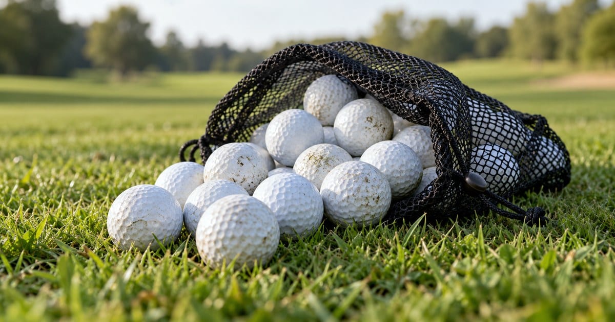 AI-generated image of a pile of used white golf balls with light scuffs in a mesh bag on grass.