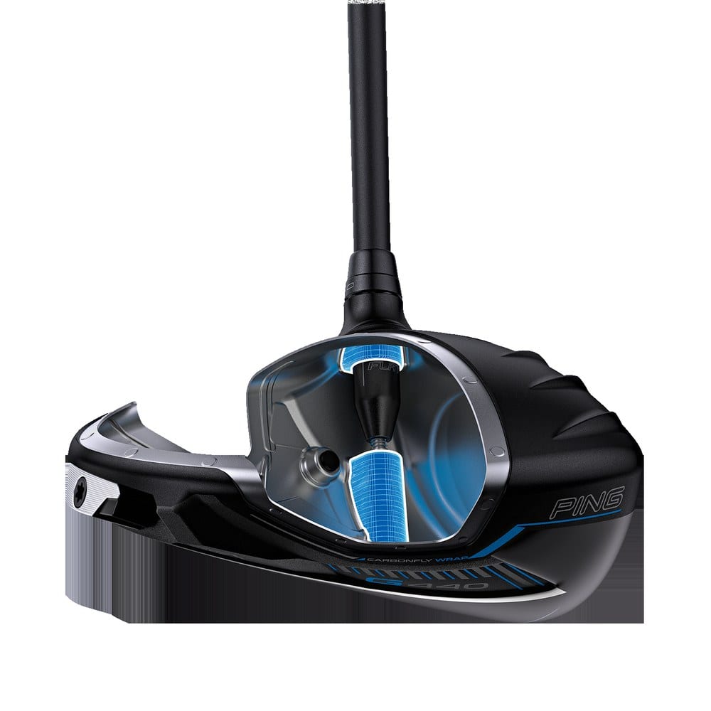 A cutaway illustration of a PING G440 driver head with the crown opened up, showing the internal hosel column highlighted in blue where the shaft runs down into the sole.