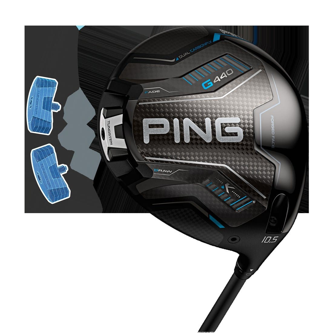 The sole of a PING G440 K driver with the words FADE and DRAW stamped above and below a tungsten weight seated in the middle port, and two spare weights drawn in blue wireframe beside the head.