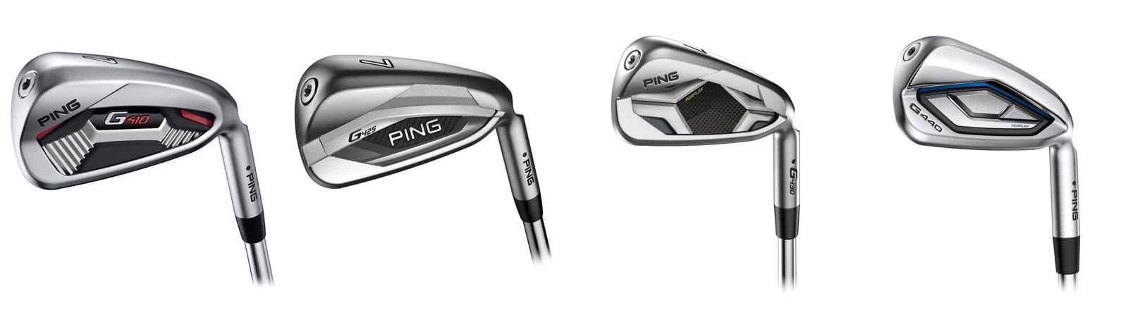 Four PING 7-irons seen from the back, left to right G410, G425, G430 and G440. The model name sits in a different spot on each head, the G410 and G425 show a 7 on the toe, and none of the four shows a loft on the back.