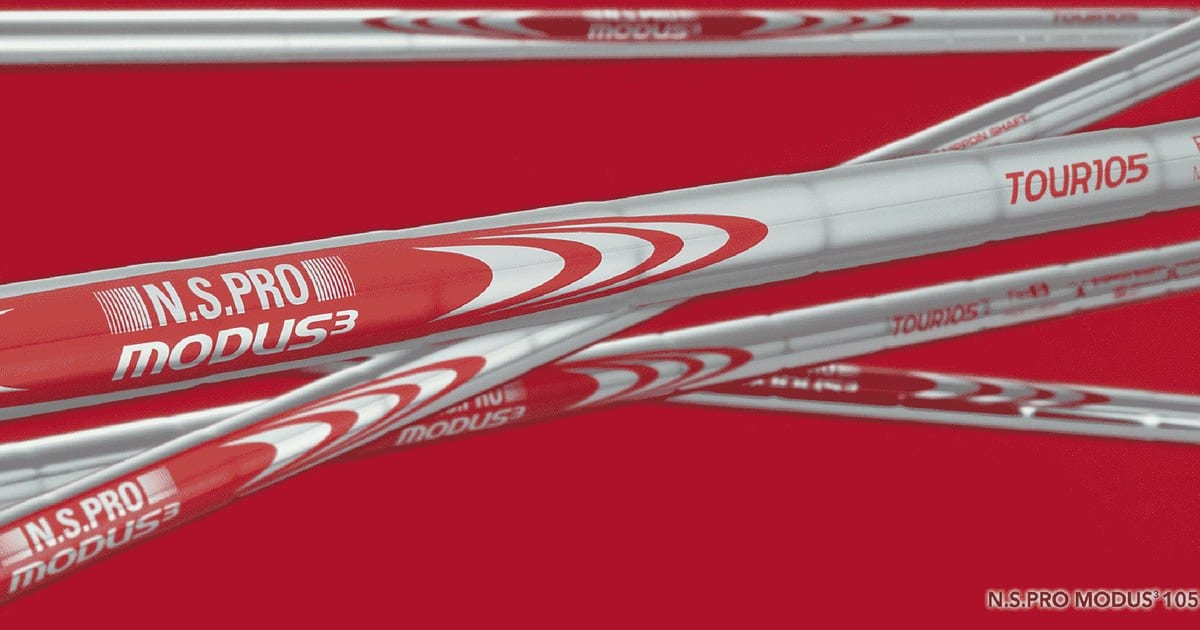 Several N.S. Pro Modus3 Tour 105 steel iron shafts crossing over a red background, with the TOUR105 and N.S.PRO MODUS3 markings legible.