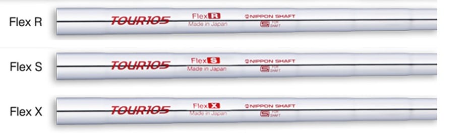 Three close-ups of the N.S. Pro Modus3 Tour 105 label band, reading Flex R, Flex S and Flex X.