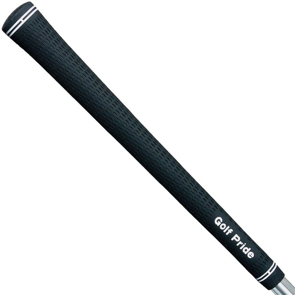 A Golf Pride Tour Velvet grip on its own against a white background, black rubber with the velvet dash texture down the body, white rings at the cap, and the Golf Pride name near the open end.