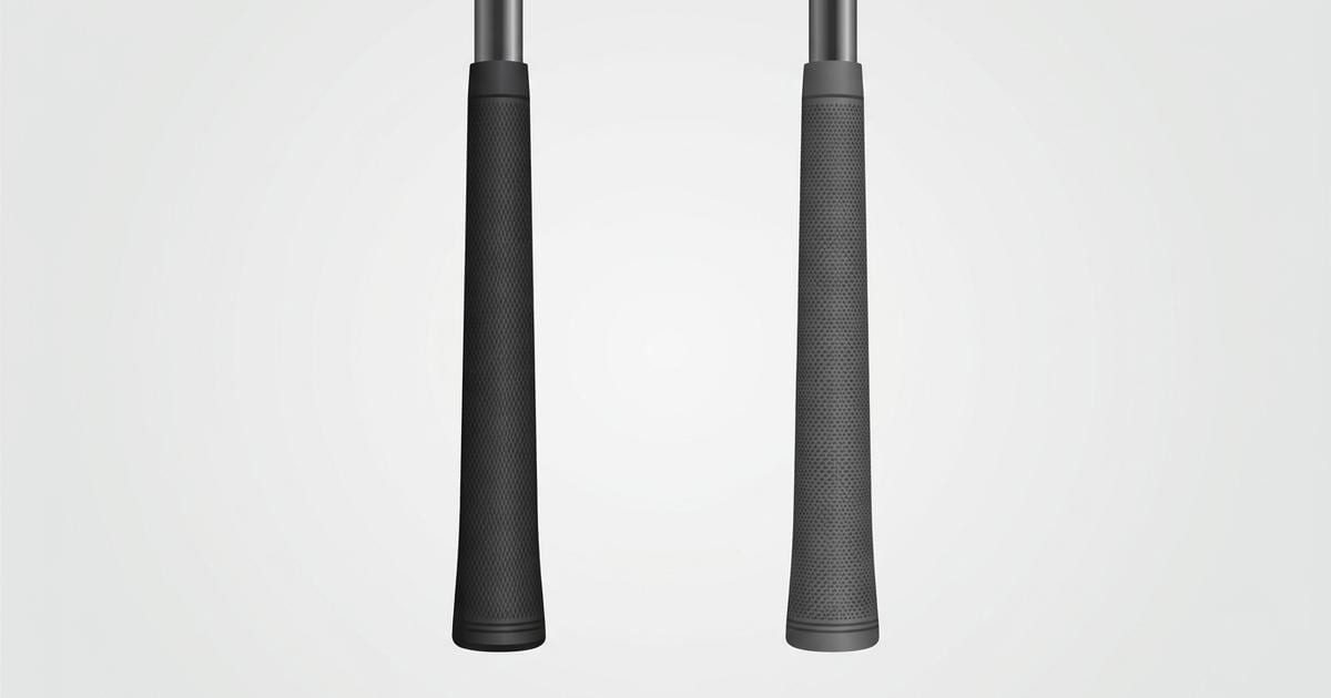 Flat illustration of two unbranded golf grips side by side, one matte black rubber and one softer textured elastomer, with no logos or text.
