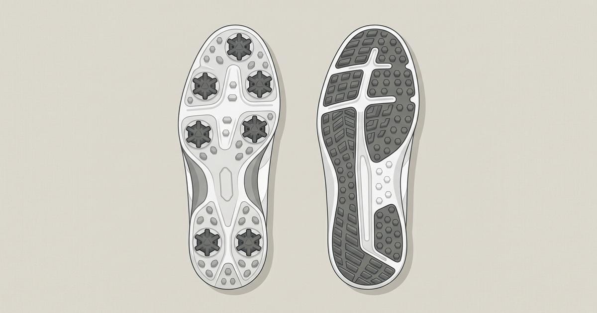 Illustration of two unbranded golf shoe soles side by side, one with seven round replaceable plastic cleats and one covered in small rubber nubs, on a plain beige background.