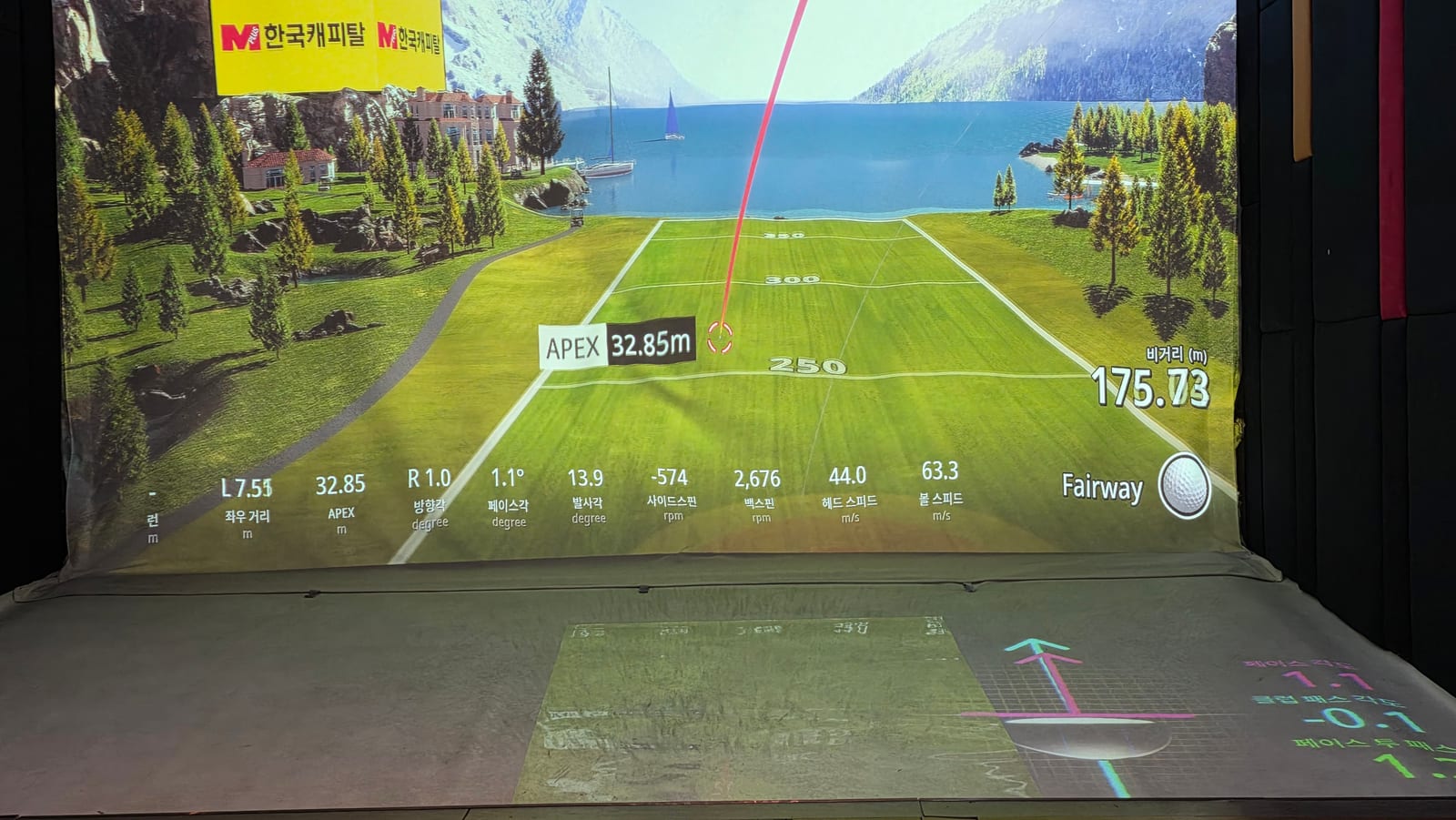 A launch monitor display box showing clubhead speed, ball speed, and carry distance metrics.