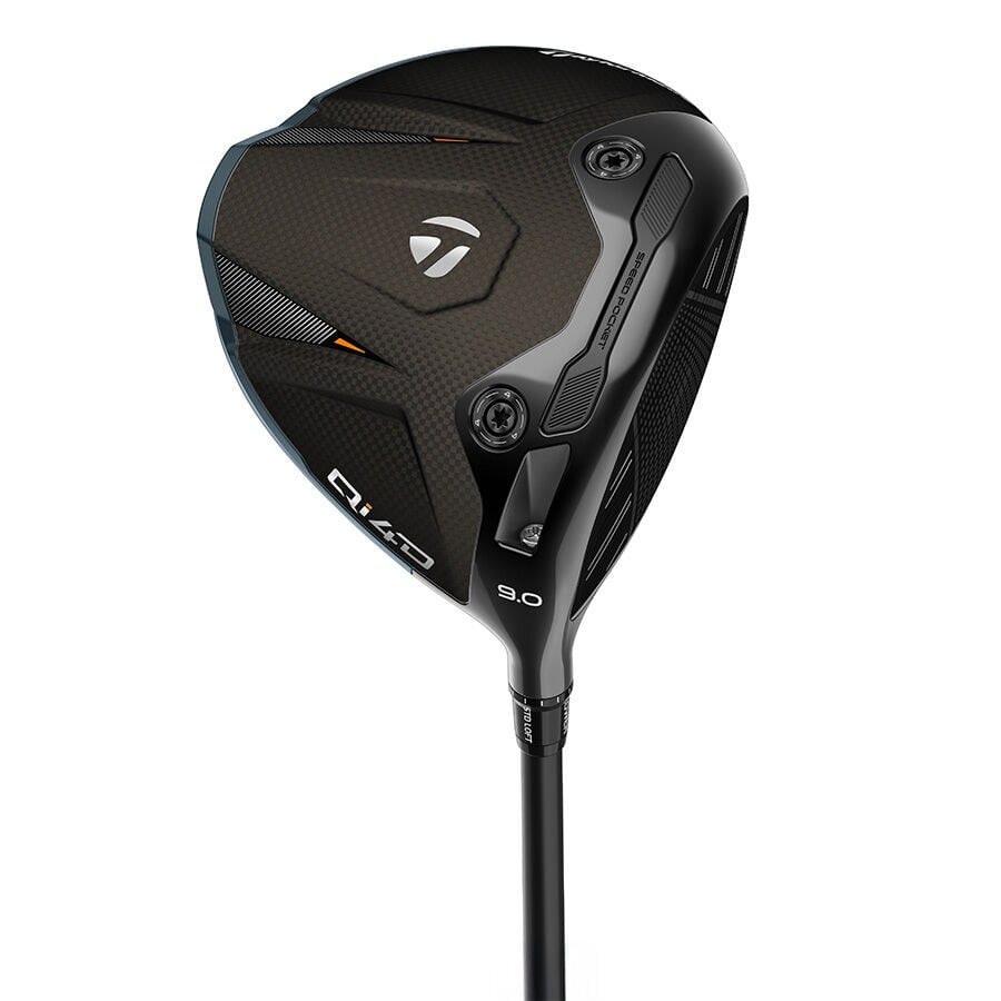 The sole of a TaylorMade Qi4D driver showing the 9.0 loft stamp, the Speed Pocket slot, weight screws set into the sole, and the loft sleeve at the top of the shaft.