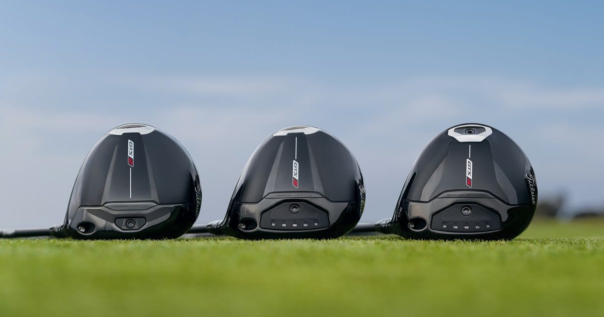 Three 2026 Titleist GTS drivers soled on grass, seen from behind.