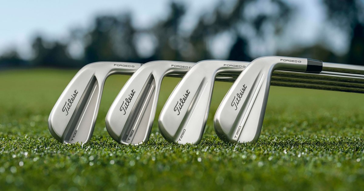 The 2025 Titleist T-Series iron lineup standing side by side, from the compact T100 through to the larger T350.