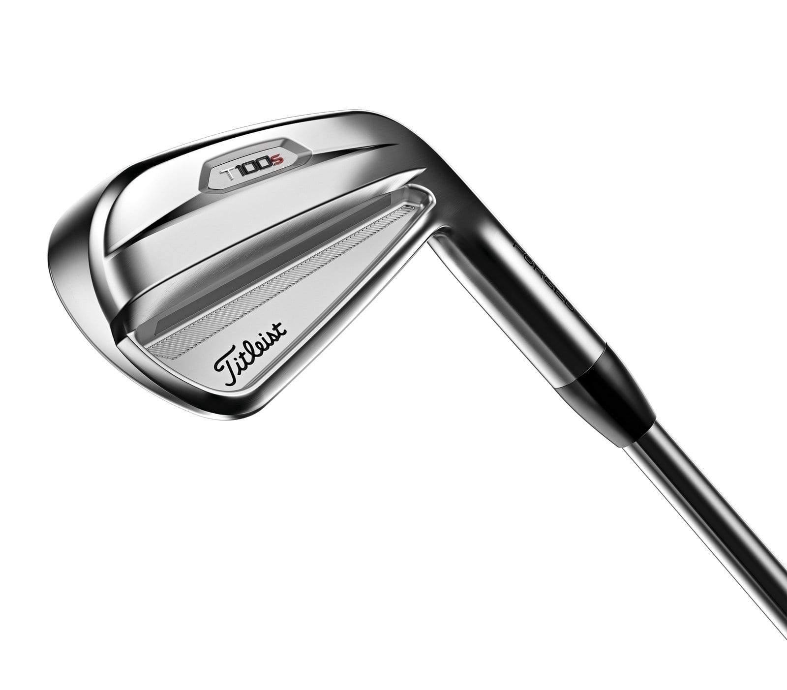 The back cavity of a 2021 Titleist T100S iron, with the T100 badge and a red lowercase s.