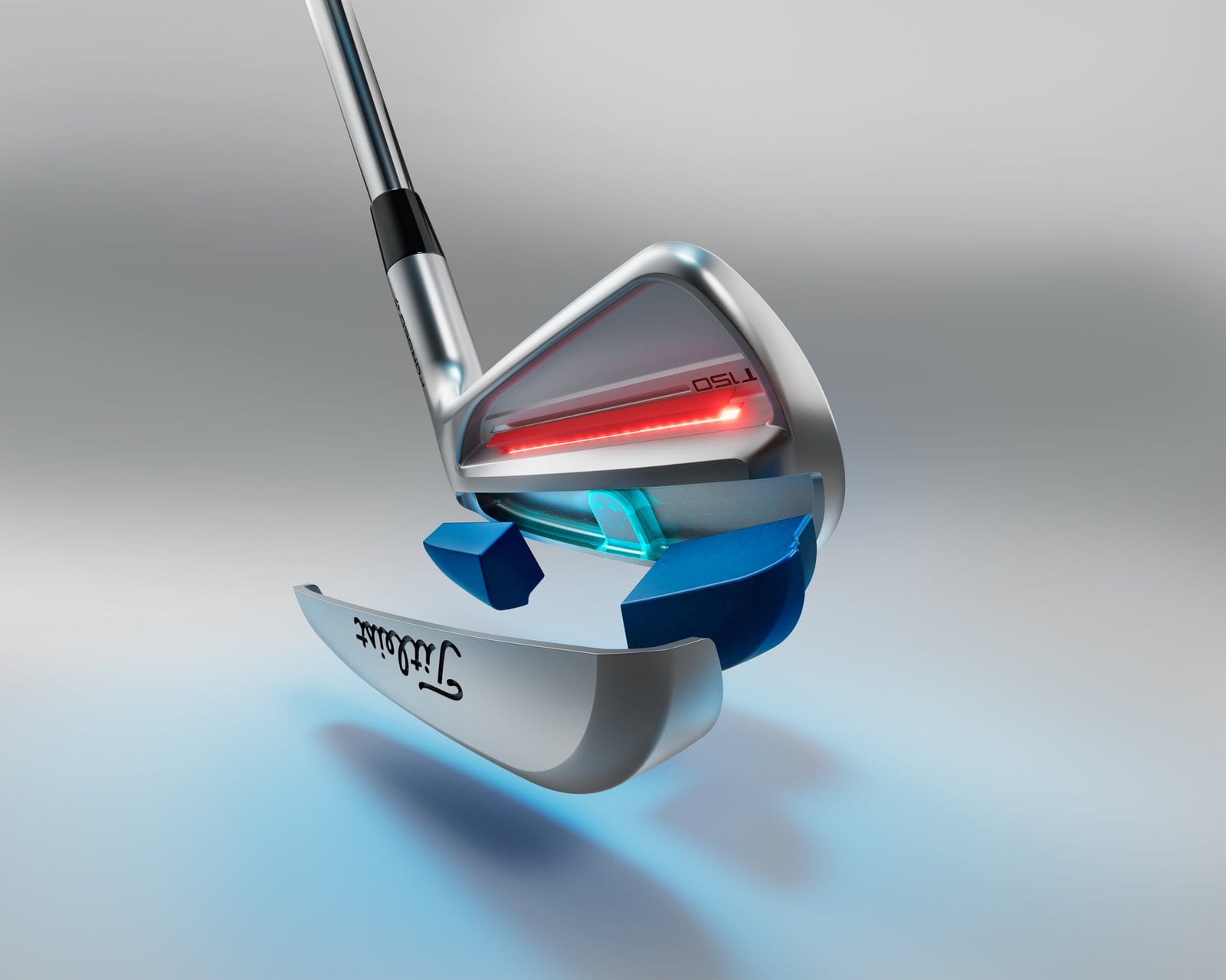 A cutaway view of the 2025 Titleist T150 showing split tungsten weights in blue and the muscle channel behind the face in red.
