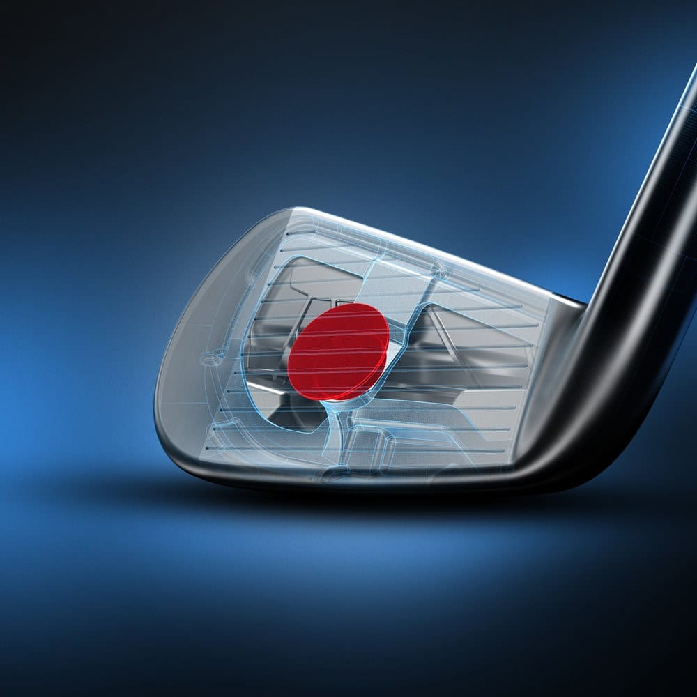 Cutaway rendering of the 2021 Titleist T200 showing the hollow body and the red polymer core behind the face.