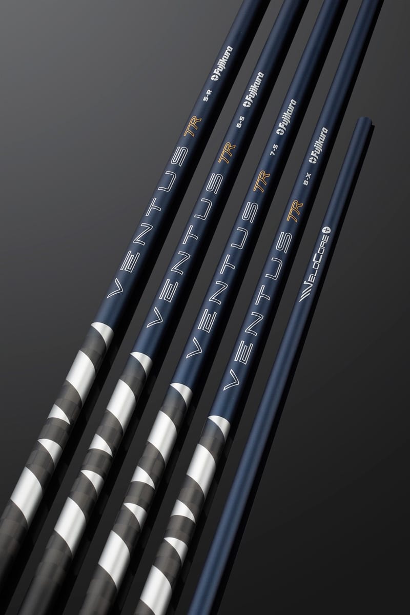 A row of four Fujikura Ventus TR Blue shaft bands, labeled 5-R, 6-S, 7-S, and 8-X, with the VeloCore+ logo visible on the thinnest shaft.