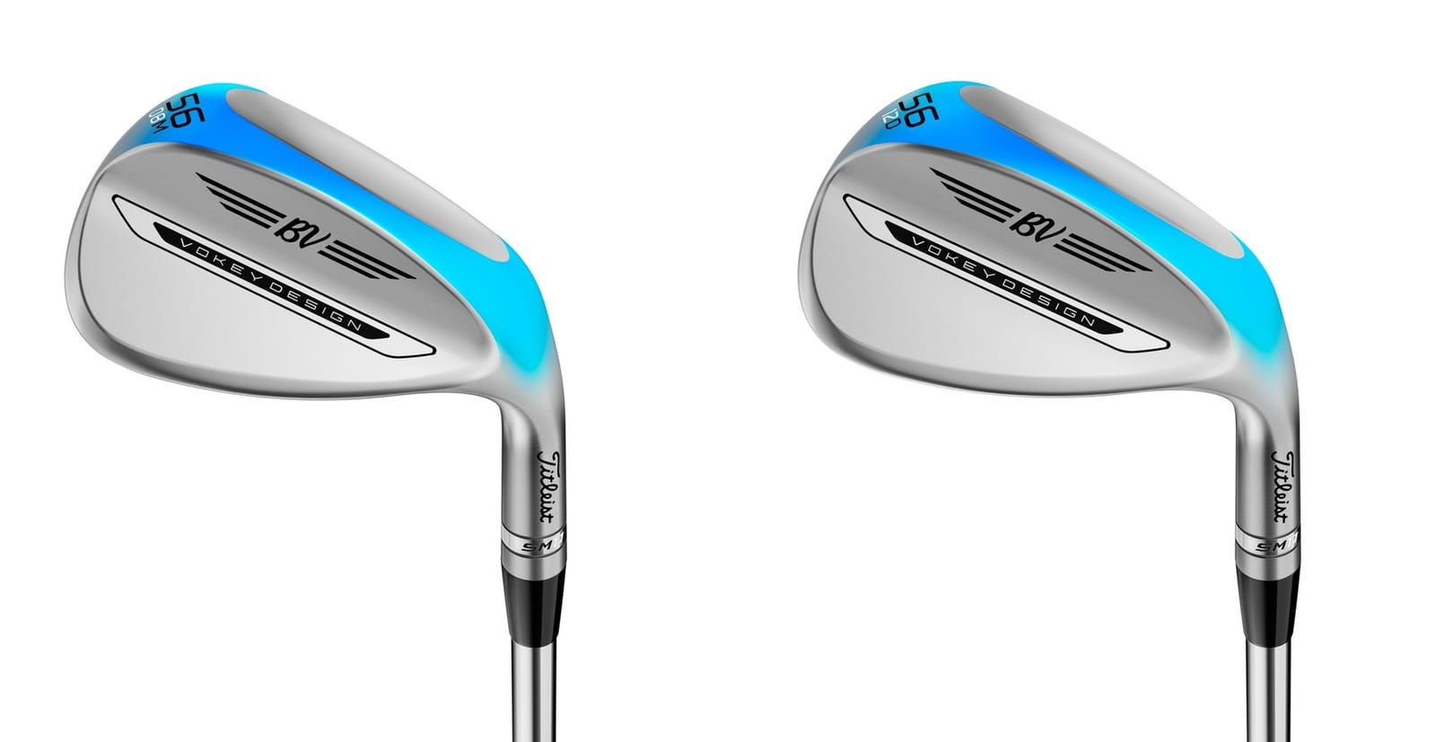 Two Titleist Vokey SM11 wedges photographed from behind, both stamped 56 on the heel of the sole, the left one reading 08M underneath and the right one 12D, with the sole highlighted in blue on each.