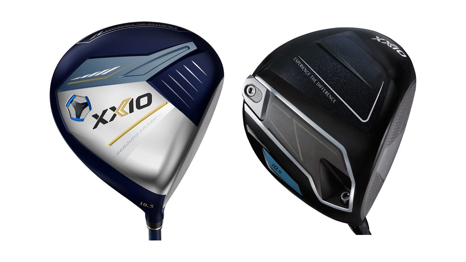 Official Dunlop photos of the XXIO 13 driver (left, navy and silver) and the XXIO 14 driver (right, black), both heads stamped 10.5.